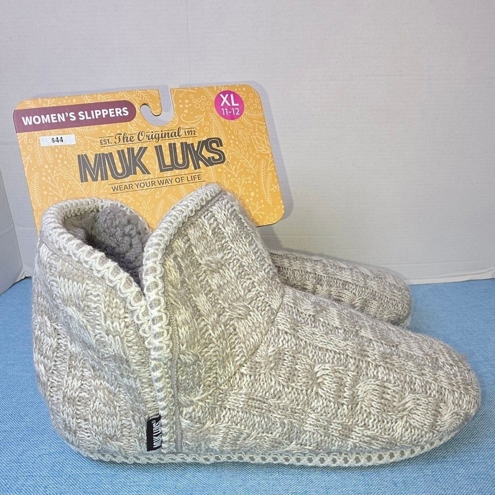 Muk Luks Womens Slipper Booties Grey Ivory Cable Knit Faux Fur Lining XL 11-12
